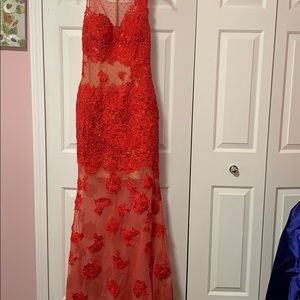 Sherri Hill Red Lace trumpet evening gown